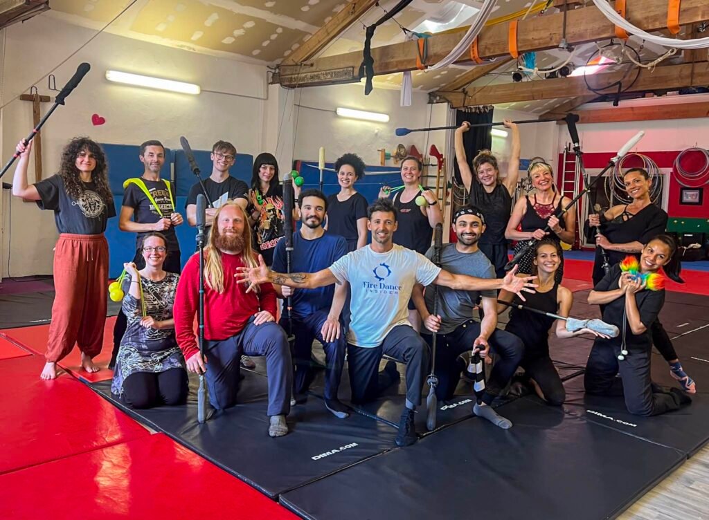 The 2025 Fusion Arts Fire Dance Retreat Group in the training studio in France