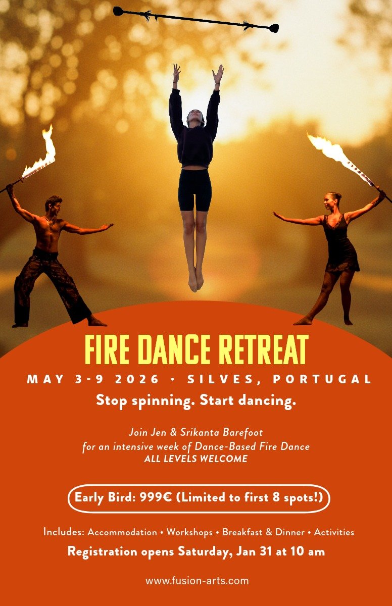 Official promotional flyer for the Fire Dance Retreat in Silves, Portugal, May 3-9, 2026. Featuring instructors Jen and Srikanta Barefoot and the DBFD method.