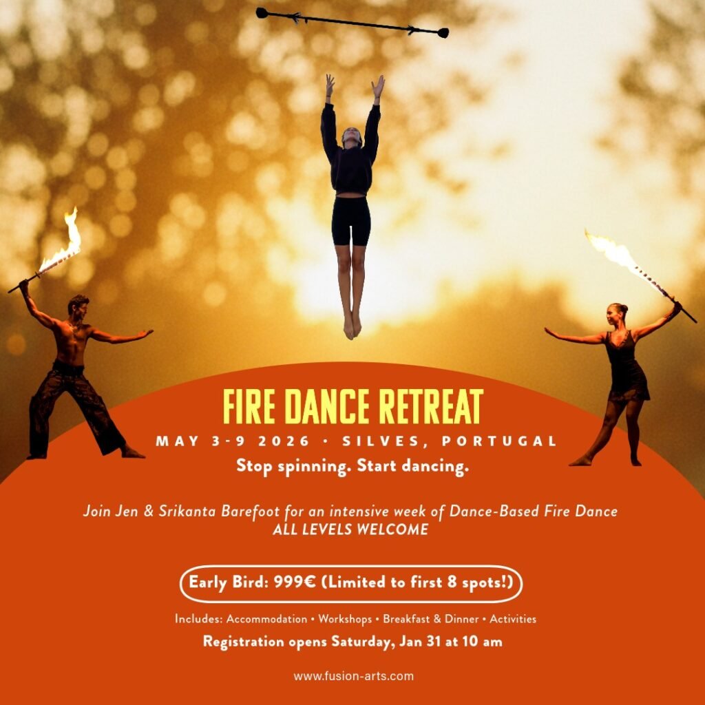 Square promotional graphic for the 2026 Portugal Fire Dance Retreat. Highlighting the DBFD method and instructors Jen and Srikanta Barefoot in Silves.