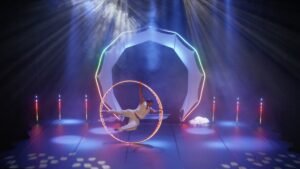 Impressive acrobatic stunt with a high-definition LED Cyr wheel.