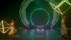 Professional LED juggling duo with geometric shapes for gala events.