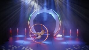 Figure acrobatique impressionnante avec une roue Cyr LED haute définition.
