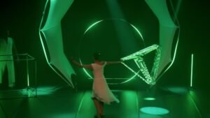 Geometric object manipulation with a luminous LED tetrahedron structure.